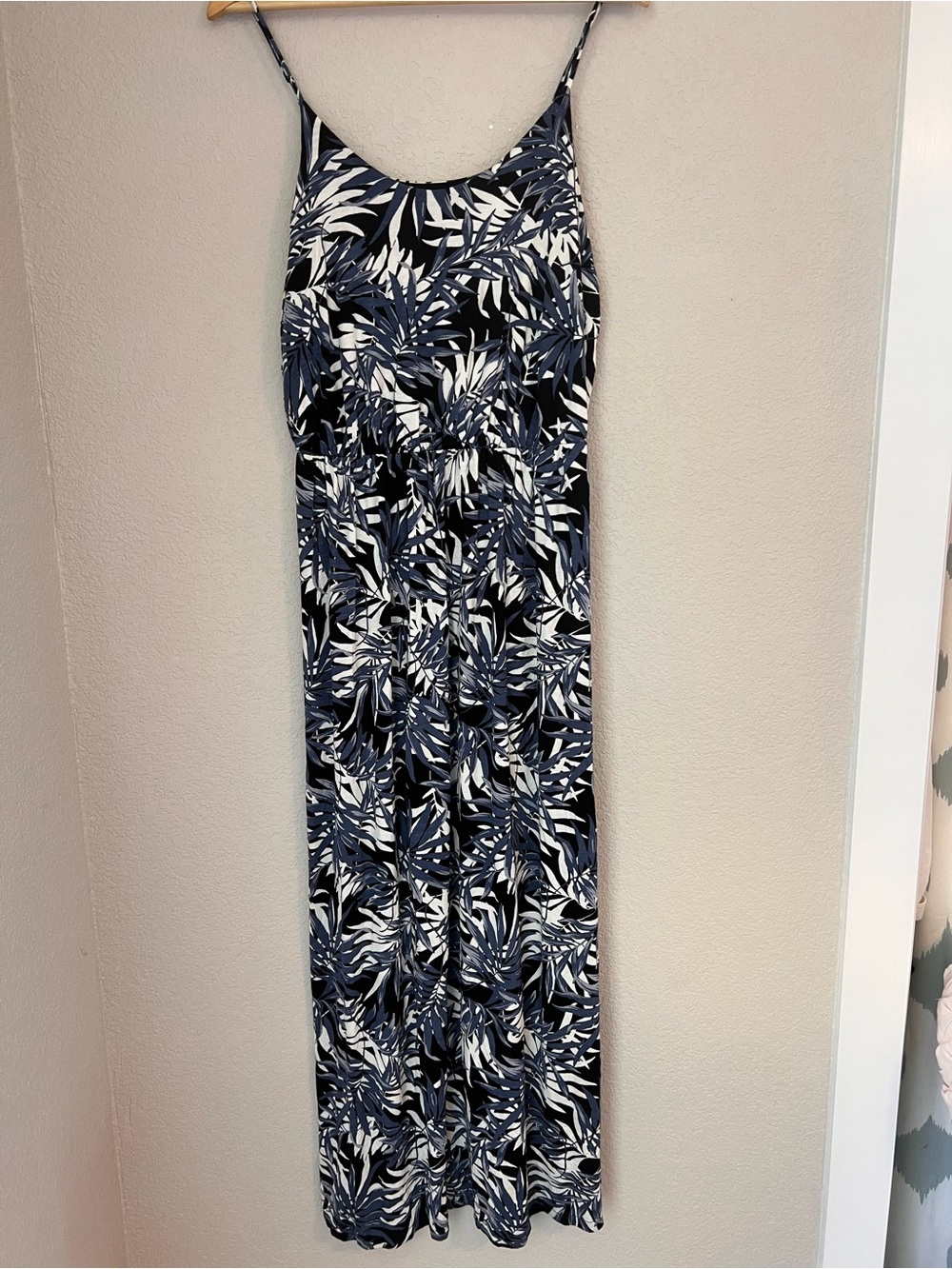 All in Favor Navy, White & Black Leaf-Print Maxi Dress with Spaghetti Straps
